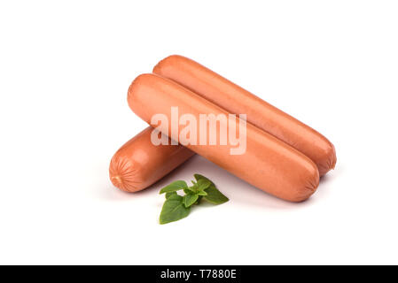 Three fresh boiled sausages and basil isolated on white background. Copy space Stock Photo