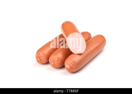 Several fresh boiled sausages isolated on white background. Copy space Stock Photo
