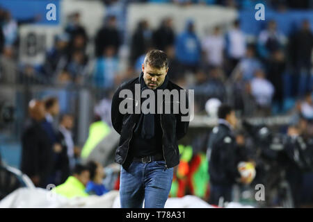 Buenos Aires, Argentina - May 04, 2019: Eduardo Coudet leaving the arena with a worried face in Buenos Aires, Argentina Stock Photo