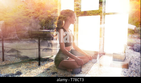 Young girl relaxing in yoga position at home with zen garden. Double exposure