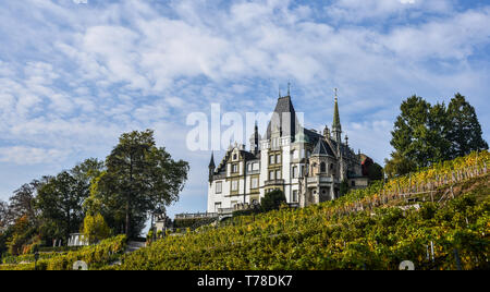 Meggenhorn Castle with vineyard in Lucerne, Switzerland. The castle is a Swiss heritage site of national significance. Stock Photo