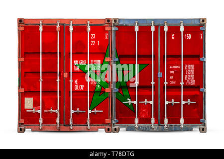 The concept of Morocco  export-import and national delivery of goods. Close-up of the container with the national flag of Morocco on white isolated ba Stock Photo