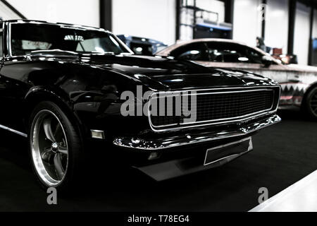 Sankt-Petersburg, Russia July 21 2017: Front view of a Black Dodge Charger RT muscle car.  Car exterior details. Photo Taken at Royal Auto Show July  Stock Photo