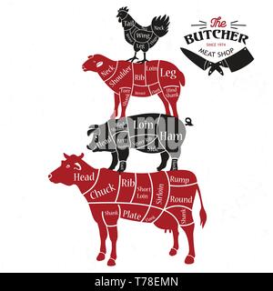 Meat cuts. Diagrams for butcher shop. Vector illustration Stock Vector