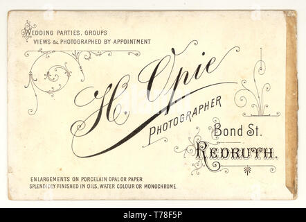 Reverse of Victorian cabinet card showing typography from photographic studios of H. Opie, Redruth, Cornwall, U.K. circa 1895, 1896 Stock Photo