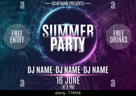 Invitation banner for Summer Party. Abstract neon round banner with flying luminous geometric particles. Palm tree. Dance night party. Plexus style. T Stock Vector