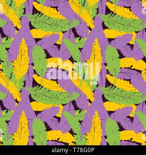 Hand drawn seamless pattern of feathers. Mardi gras colors. Stock Vector