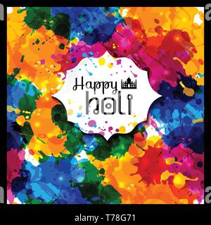 Holi spring festival of colors vector design element and sample text. Can use for banners, invitations and greeting cards. Seamless pattern of blots o Stock Vector