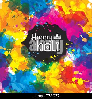 Holi spring festival of colors vector design element and sample text. Can use for banners, invitations and greeting cards. Seamless pattern of blots o Stock Vector