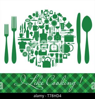 Green Kitchen icons set of tools. Vector illustration. Stock Vector
