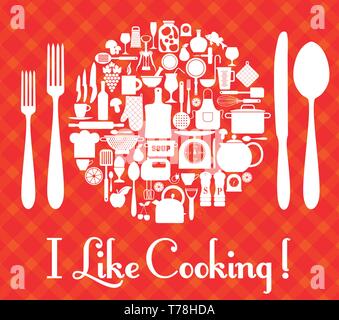Kitchen set icons of tools. Restaurant background. Stock Vector