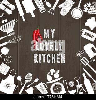 Kitchen set icon on wooden texture. Stock Vector