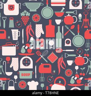 Seamless pattern of kitchen on blue Stock Vector