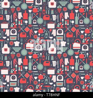 Seamless pattern of kitchen on blue Stock Vector