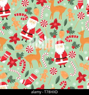 Vector Christmas seamless pattern with Santa, Christmas reindeer, lollipop, gingerbread. Christmas decoration. Perfect for postcards, wrapping paper,  Stock Vector