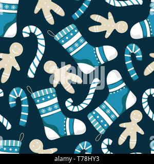 Vector Christmas seamless pattern with candies, gingerbread and stockings. Christmas decoration. Perfect for postcards, wrapping paper, fabrics Stock Vector