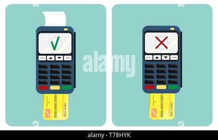 Flat illustration of the payment terminal and credit card. Approved and disapproved transaction. POS terminal. Flat design. Stock Vector
