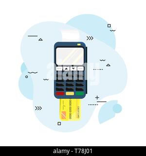 Flat illustration of the payment terminal and credit card. Modern technology. POS terminal. Flat vector illustration Stock Vector