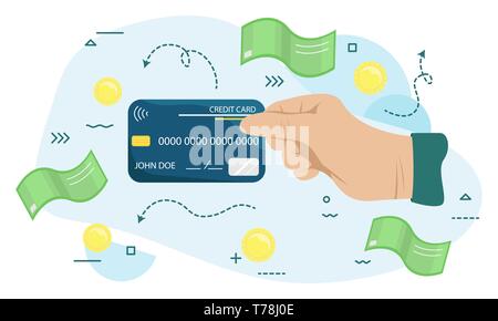 Hand holding credit card. Concept of e-commerce, earnings, atm, debt, swipe, deposit, terminal, identification, expend, shopper. Flat vector illustrat Stock Vector