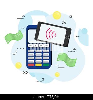 Flat illustration of the payment terminal. Vector pos terminal confirms the payment by smartphone. POS terminal. Flat vector illustration Stock Vector
