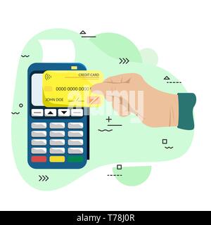 Flat illustration of the payment terminal and credit card. Hand with bank card near POS terminal. Wireless, contactless. POS terminal. Flat vector ill Stock Vector