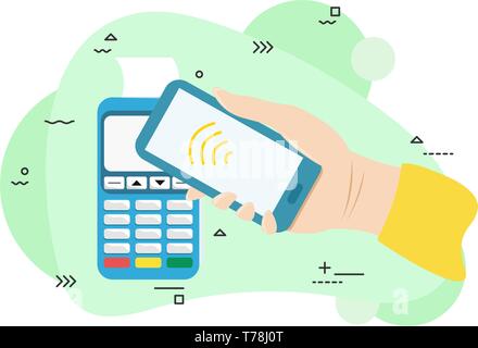 Flat illustration of the payment terminal. Vector pos terminal confirms the payment by smartphone.Hand with smartphone near POS terminal. Flat vector  Stock Vector