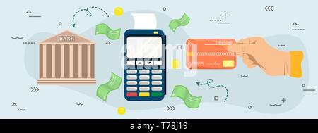 Flat illustration of the payment terminal and credit card. Hands with bank card near POS terminal. Wireless, contactless. POS terminal. Flat vector il Stock Vector