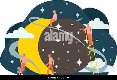 Small people flat astrolomy illustration. Sun eclipse. Flat vector illustration Stock Vector