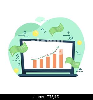 Laptop with the schedule of exchange trade. Remote work. Trading on the stock exchange. Investment money, stocks, currency, vouchers. Flat cartoon sty Stock Vector