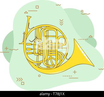Hand drawn french horn. Wind musical instrument. Flat vector hand drawn illustration Stock Vector