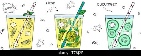 Hand drawn set of superfoods. Lemonades with ice. Flat vector hand drawn illustration Stock Vector