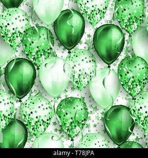 Seamless pattern with stars and shiny green realistic 3D helium balloons for your design. Glossy balloons with glitter and ribbon, perfect background  Stock Vector