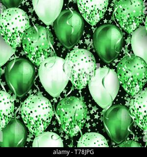 Seamless pattern with stars and shiny green realistic 3D helium balloons for your design. Glossy balloons with glitter and ribbon, perfect background  Stock Vector