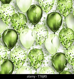 Seamless pattern with stars and shiny green realistic 3D helium balloons for your design. Glossy balloons with glitter and ribbon, perfect background  Stock Vector