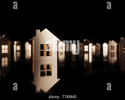 Golden house icons black conceptual background. Real estate concept. 3d rendering illustration Stock Photo