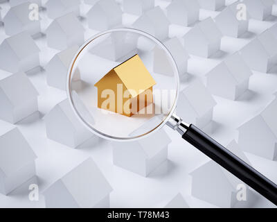 Golden house with magnifying glass. Real estate searching concept. House inspecting idea. 3d rendering illustration Stock Photo