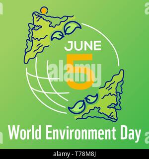Square vector poster World environment day with line drawn illustration, lettering and earth isolated on green background. Banner of web site. Stock Vector