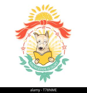 Dog wearing glassess reading yellow book in frame, vector illustration. Stock Vector