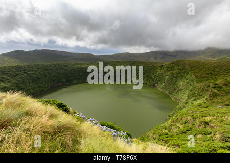 Massive Caldeira Negra crater lake on Flores island in the Azores. Stock Photo