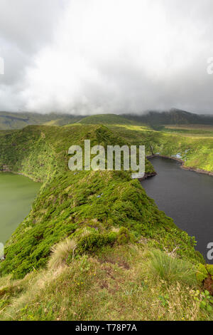 Portrait view of twin crater lakes on Flores island in the Azores. Stock Photo