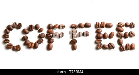 Coffee Beans, Fresh Roasted Arabica Beans Arranged Spell Coffee Word, Coffee Beans Isolated On White Background Stock Photo