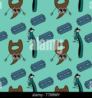 Angry razor and scared beard seamless pattern. vector illustration Stock Vector