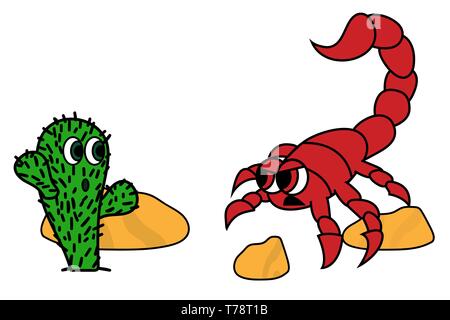 cute cactus and angry scorpion in dessert image. stock vector illustration Stock Vector
