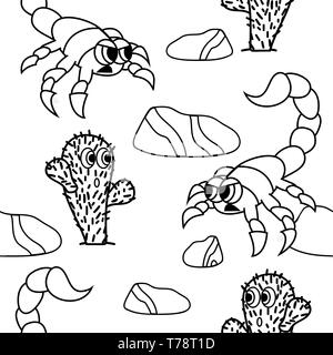 cute cactus and angry scorpion in dessert outline image. seamless vector pattern Stock Vector