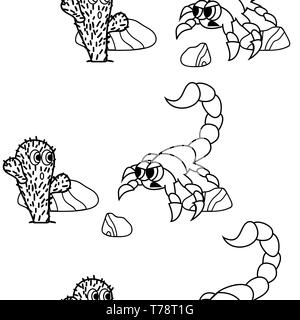 cute cactus and angry scorpion in dessert outline image. seamless vector pattern Stock Vector