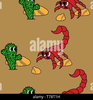 cute cactus and angry scorpion in dessert image. seamless vector pattern Stock Vector