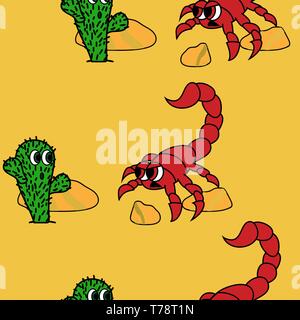 cute cactus and angry scorpion in dessert image. seamless vector pattern Stock Vector