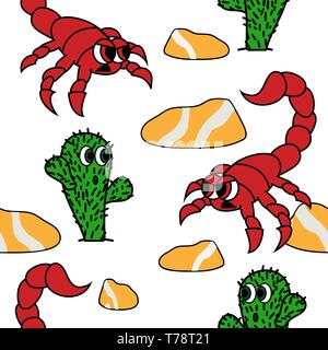 cute cactus and angry scorpion in dessert image. seamless vector pattern Stock Vector