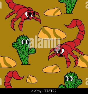 cute cactus and angry scorpion in dessert image. seamless vector pattern Stock Vector