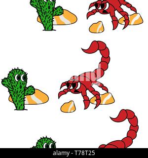 cute cactus and angry scorpion in dessert image. seamless vector pattern Stock Vector